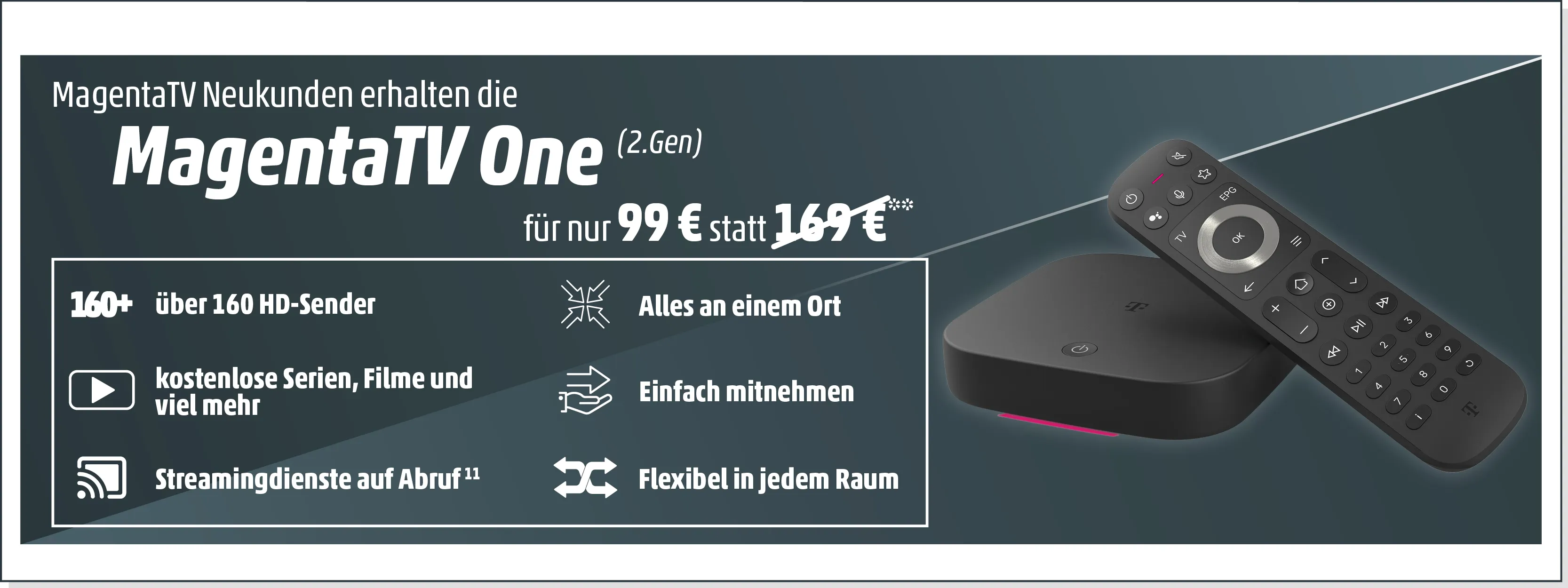 MagentaTV One für Neukunden mit über 160 HD-Sendern, Streaming und flexibler Nutzung.