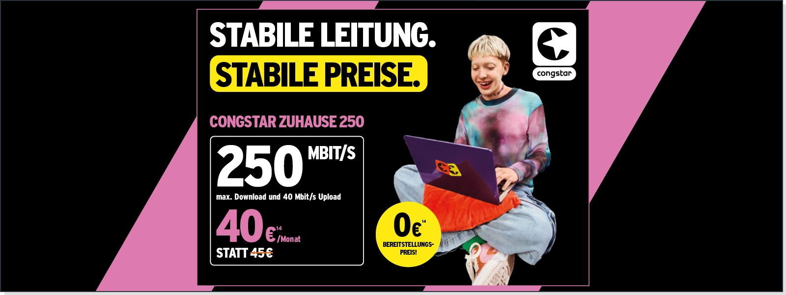 Congstar Zuhause 250: DSL-Internet mit 250 Mbit/s, Person am Laptop
